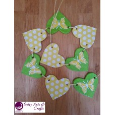 Handmade Heart Garland with Polka Dots and Butterflies - Salt Dough Decoration - Wall Hanger - Green, White and Yellow Rustic Home Decor
